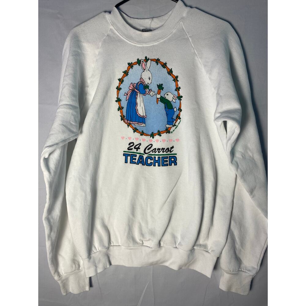Screen Stars 24 Carrot Teacher Bunnies White Crewneck Sweater Women's Size XL